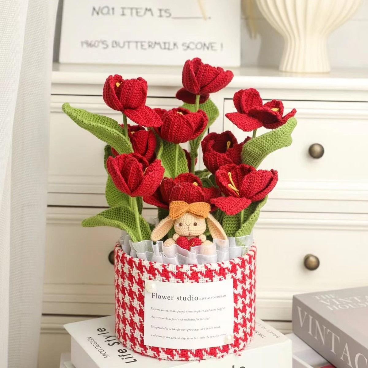 Red Rose Crochet Flower Basket centered in a clean lifestyle product photograph