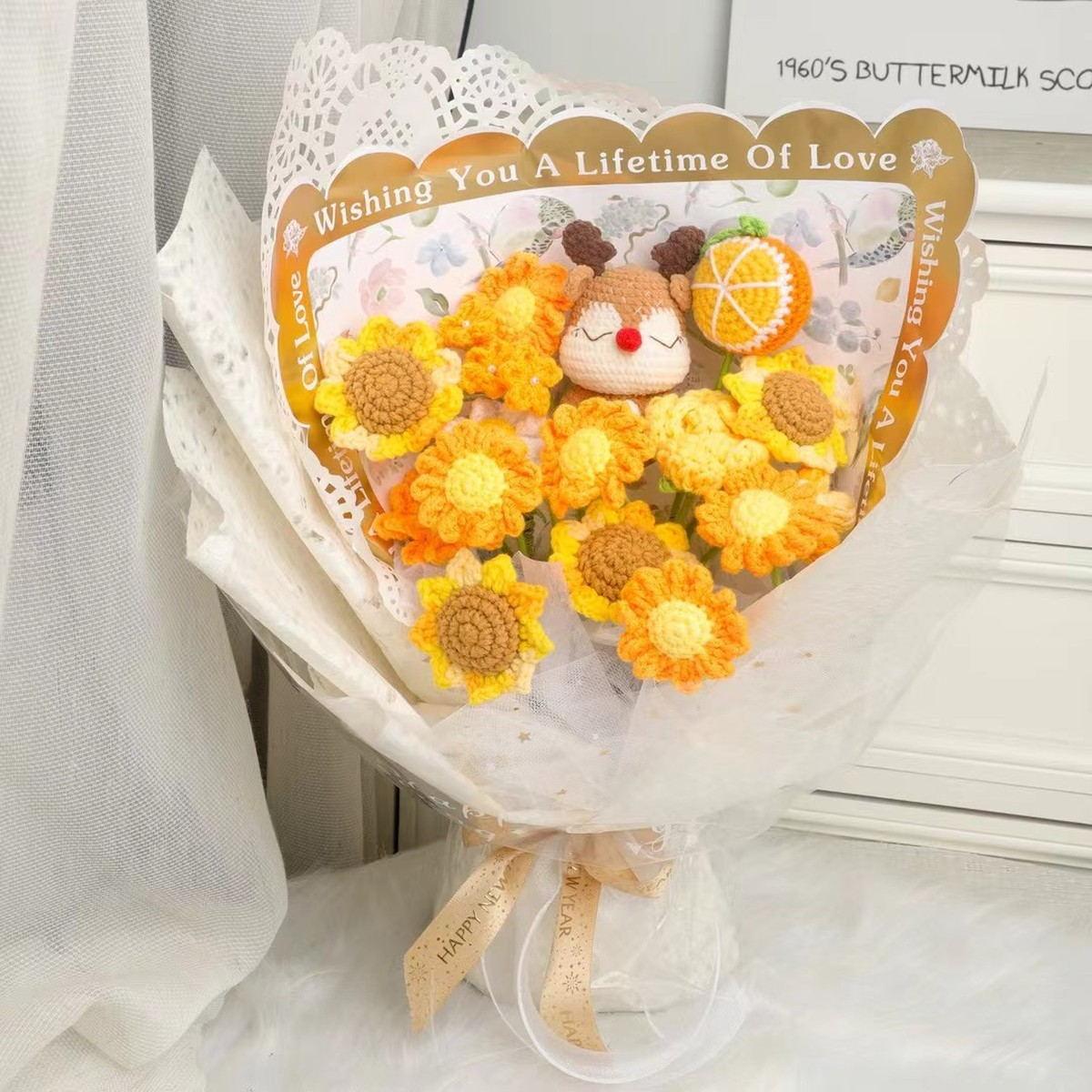Sunflower Bear Crochet Bouquet centered in a clean lifestyle product photograph