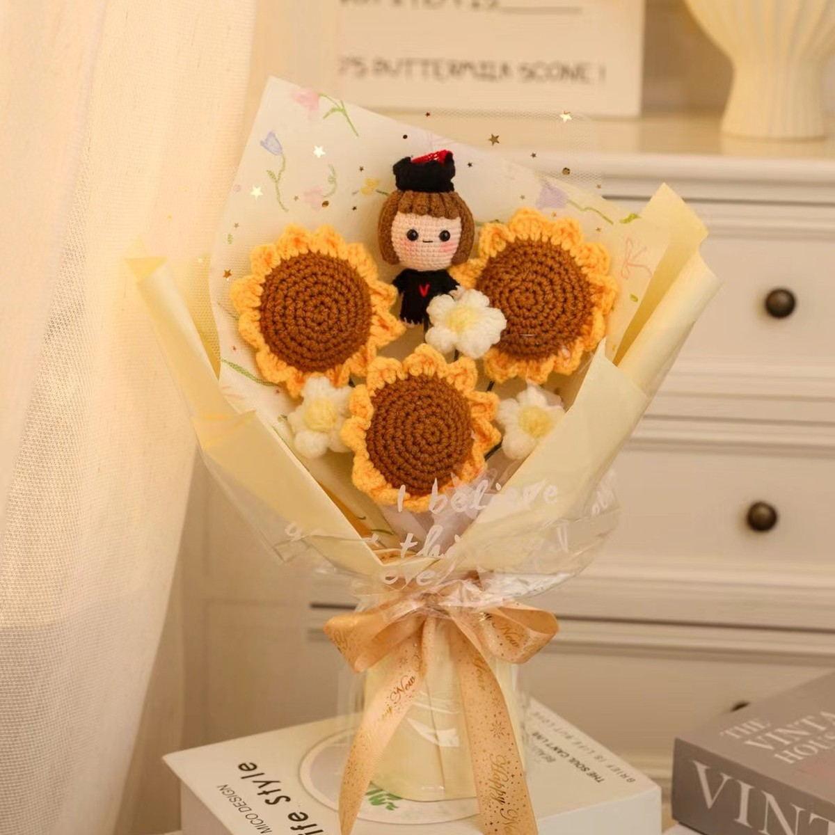 Graduation crochet bouquets in blue, yellow, pink and navy colorways