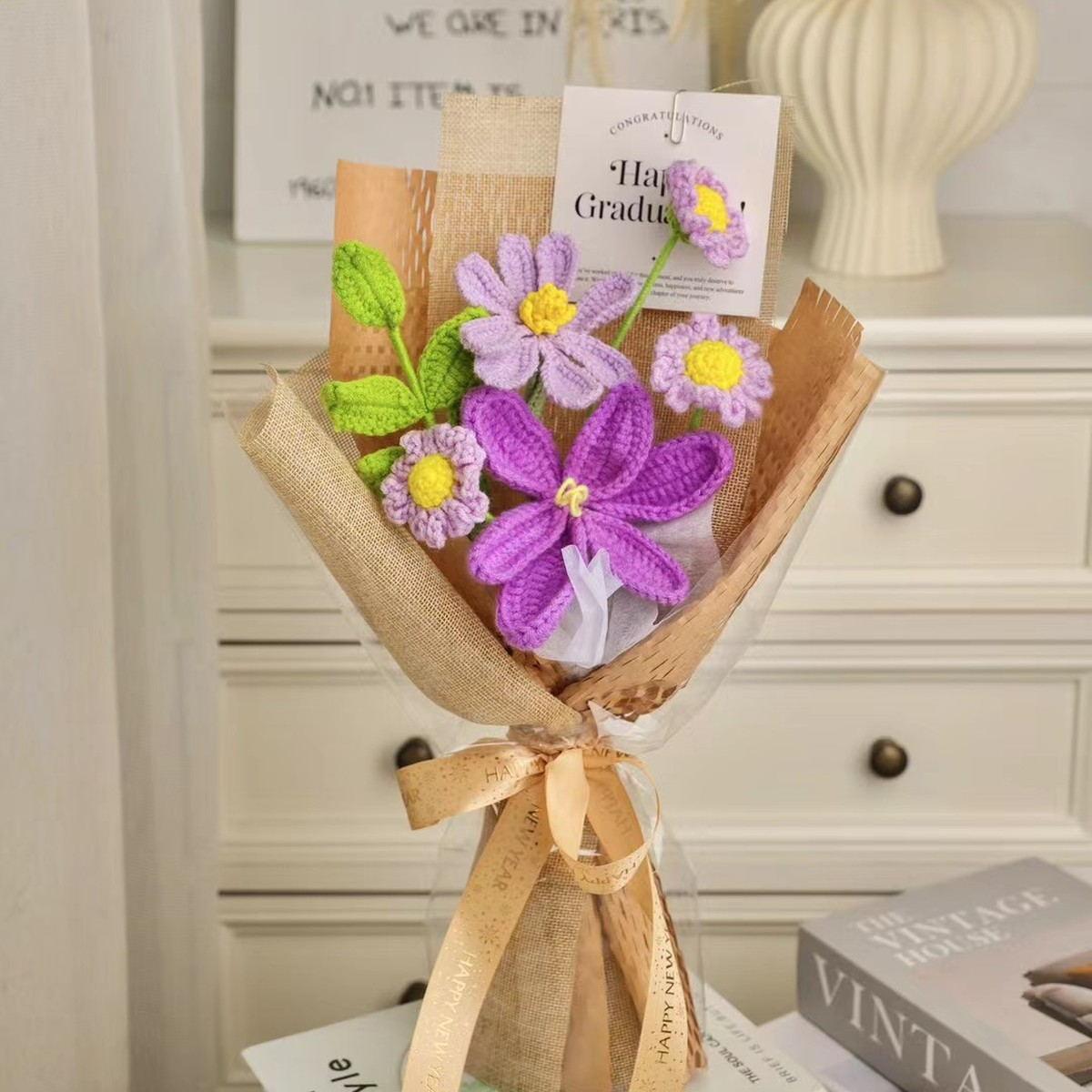 Violet Graduation Mini Crochet Bouquet centered in a clean lifestyle product photograph