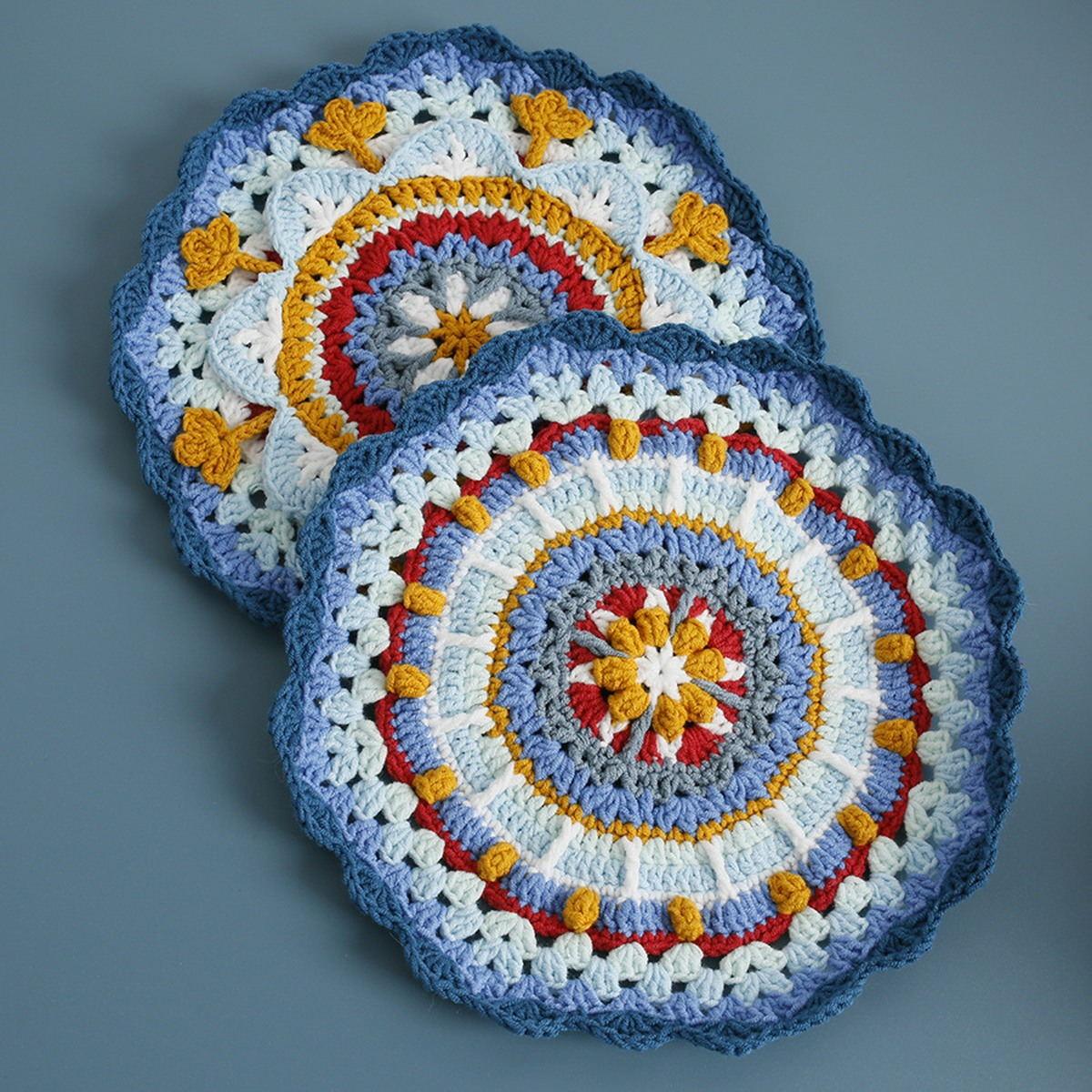Blue Sunburst Crochet Coaster Set centered on a clean product background