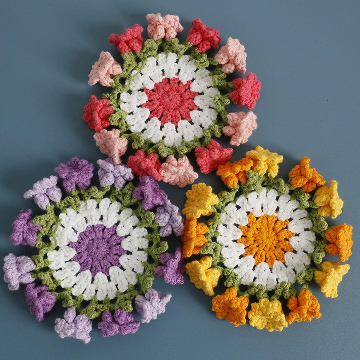Garden Flower Crochet Coaster Set centered on a clean product background
