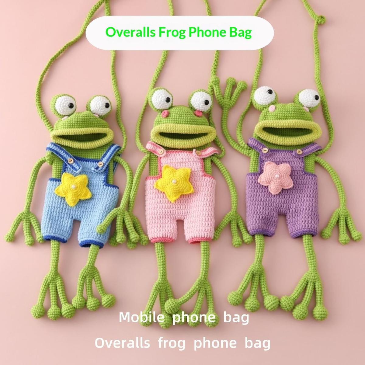 Long-leg frog crochet phone bags in green, blue, pink and purple