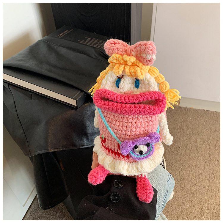 Colorful crochet girl doll crossbody phone bag with long strap