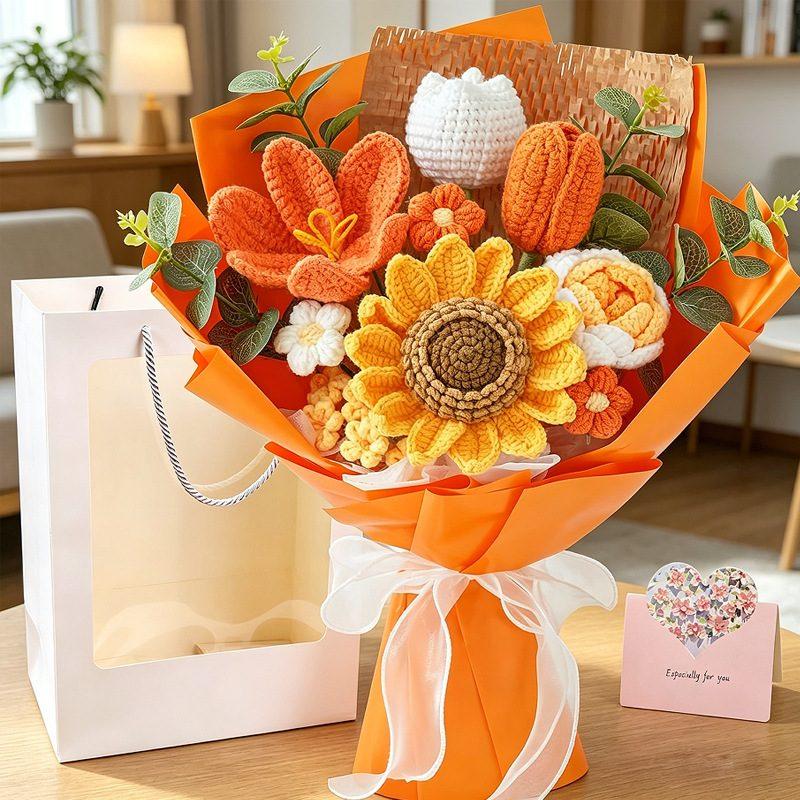 Sunflower & Lily Crochet Gift Bouquet shown in a clean product photograph
