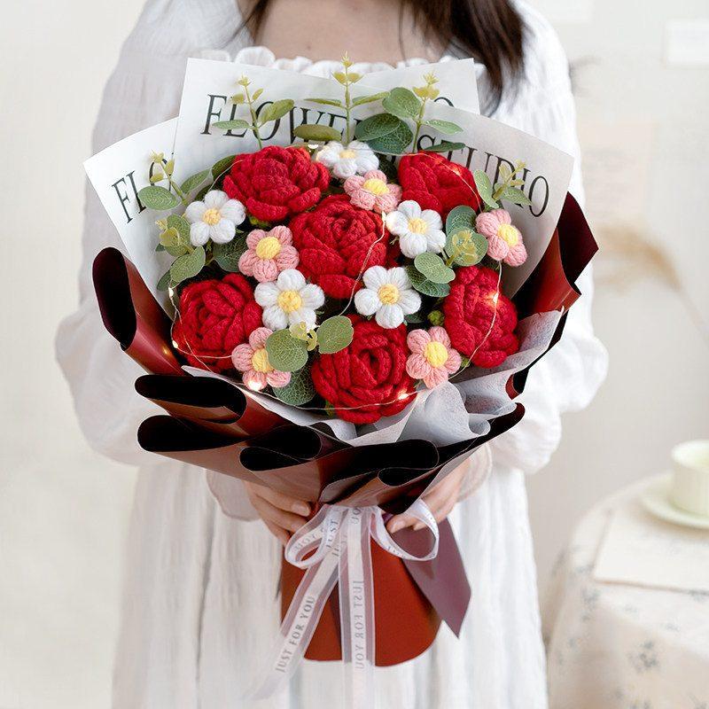 Deep Red Rose Studio Crochet Bouquet shown in a clean product photograph