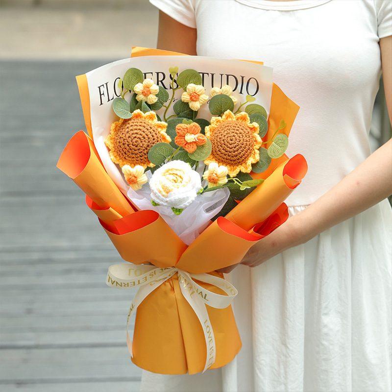 Sunflower Bear Celebration Crochet Bouquet shown in a clean product photograph