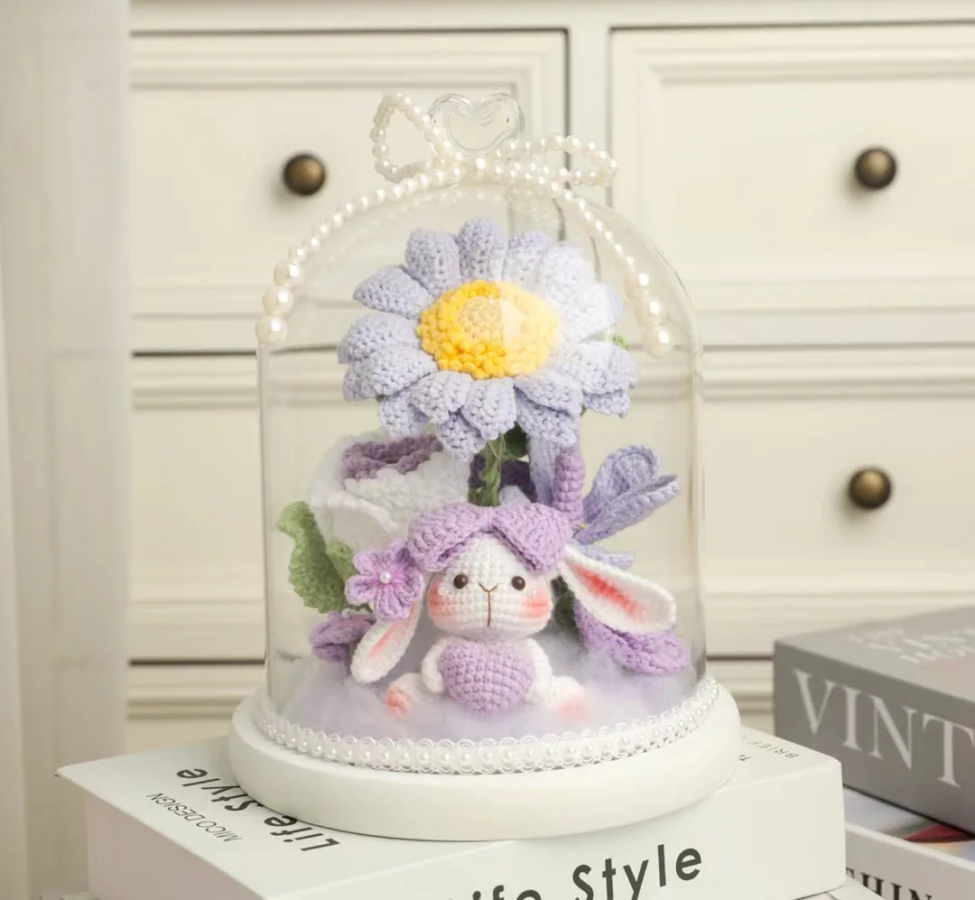 Lavender Bunny Crochet Flower Dome centered in a clean lifestyle product photograph