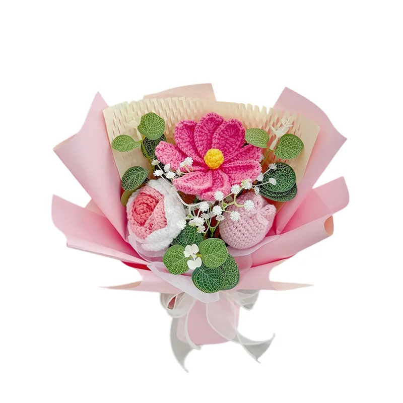 Small pink crochet bouquet isolated without hands