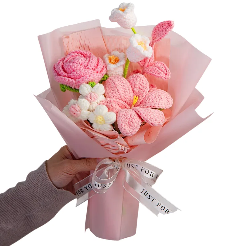 Blush Rose Mini Crochet Bouquet centered in a clean lifestyle product photograph