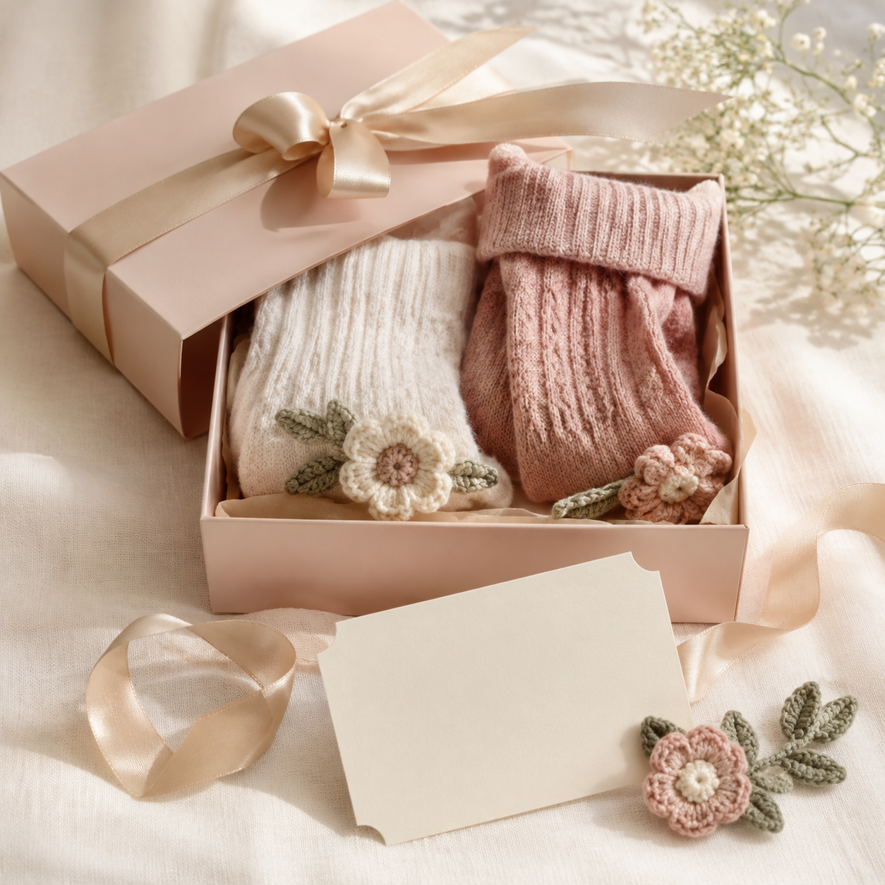 Elegant blush gift box with ribbon and crochet flower accents